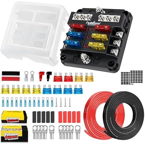 Marine Fuse Panel + 8 AWG Battery Cable Combo: 6 Way Fuse Block 12V/24V with LED, 10ft 8 Gauge Battery Wire with 10 Tinned Lugs & Heat Shrink Tubing, for Auto Boat Solar RV Golf Cart Truck Cover
