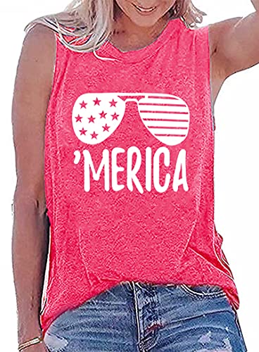 YI XIANG RAN American Flag Tank Tops Women Sunglass Graphic Tees Shirts Casual Sleeveless 4th of July Shirt Tops(Red Large)