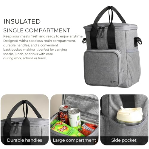 Image of Aliens Thermal Insulated Lunch Bag with Handle & Adjustable Shoulder Strap, Large Capacity Meal Bag /Tiffin Bag /Lunch Holder /Meal Container Picnic Bag for Food Storage, Office, Travelling, Picnic-Gry