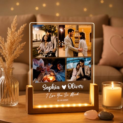 Image of Custom Photo Collage LED Lamp, Personalised Acrylic Night Light, Warm White, Modern Style, Anniversary and Birthday Gift for Couples and Friends (Design 1)