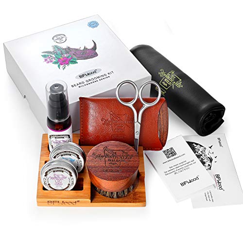 BFWood Beard Care Kit - Beard Oil 30ml, Boar Bristle Beard Brush, Wooden Beard Comb, Mustache Scissor, Beard Balm 30g, Rhino Gift Designed