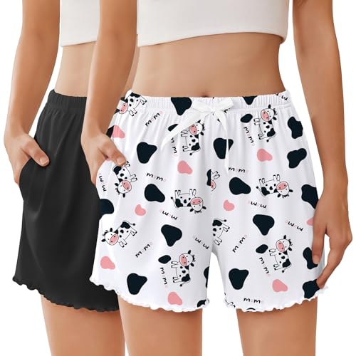 Image of Ekouaer 2 Pack Womens Pajama Shorts 2026 Summer Casual Lounge Sleep Short Ruffle Soft Comfy Pj Bottoms with Pockets