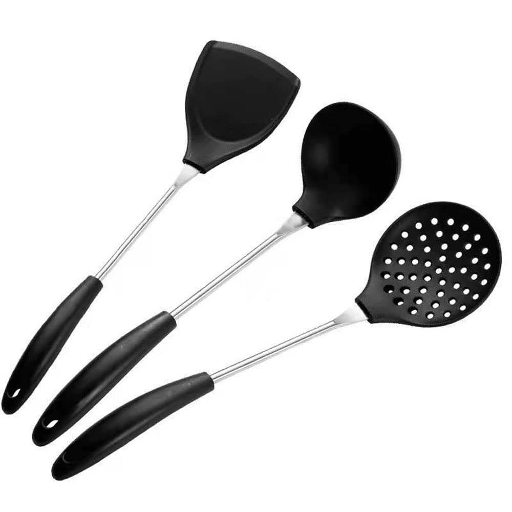 Juego de Utensilios de Cocina con Soporte: 6 Piezas de Silicona Negra Antiadherente, espátula y Utensilios Esenciales.
