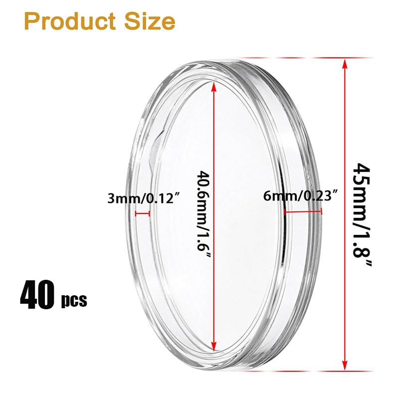Capsules pour pièces, lot de 40 pièces de 41 mm pour pièces de dollar en argent, conteneurs ronds en plastique transparent pour l'affichage et le stockage des pièces et lingots