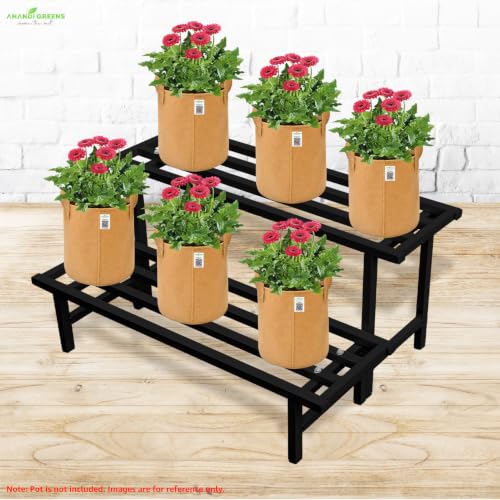 Image of Anandi Green's Black Heavy Duty 2 Tier Metal Plant Stand for Grow Bags Planters and Pots Rust Resistant Plant Pot Holder Rack for Outdoor Balcony Indoor Living Room and Garden Supports Up to 100 kg
