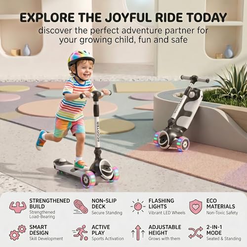 Image of StarAndDaisy Kids Kick Scooter for 3+ Year, kick Scooter for Kids, Skating Scooter with Music LED Wheels, Adjustable Handle Height, Foldable 3 Wheel Skate Scooter for Boys Girls 3-12 Years -Black