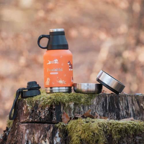 Pawbottle® Thermoflasche mit 2 Näpfen – Trinkflasche für Hunde & Katzen (960 ml + 2×100 ml, Orange) + Schnellverschlussdeckel geschenkt