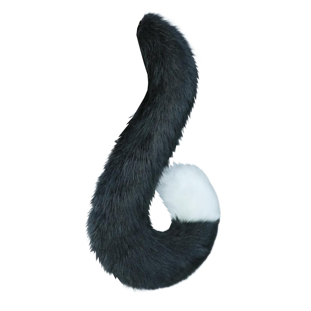 TTYAO REII Furry Cat Tail Faux Fur Fox Wolf Dog Animals Tail Fursuit Costume Accessories for Halloween Cosplay Party (Black White)