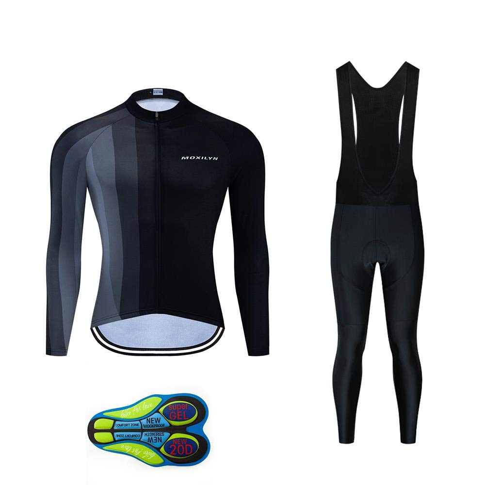 MoxilynCycling Jerseys Men Set Bike Clothing for Men Long Sleeve Bike Jacket and Cycling Bibs Pants with 20D Gel Pad