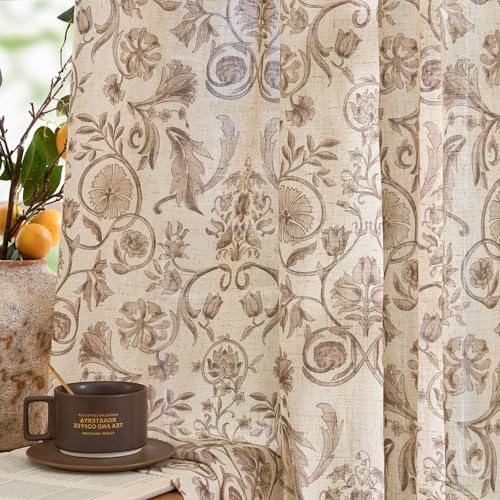 Image of jinchan Linen Floral Curtains for Living Room with Printed Flower 84 Inches Long Light Filtering Farmhouse Window Treatment Vintage Drapes Back Tab Rod Pocket 2 Panels Taupe on Beige