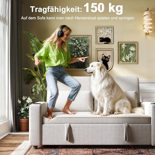 JUMMICO Schlafsofa 2 Sitzer klein Sofa mit Schlaffunktion Schlafcouch Ausziehbar mit Kissen Couch Cord-Bezug mit Getränkehalter Klappsofa Für Wohnzimmer Schlafzimmer,69 x 141 x 88 cm,Beige