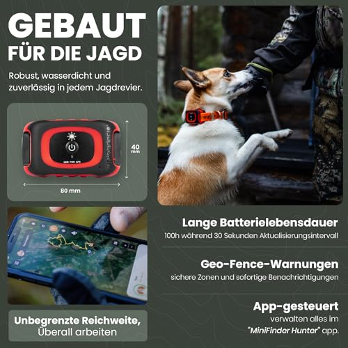 MiniFinder Rex Hundetracker – Intelligentes, wasserdichtes Hundehalsband mit LED-Licht, Bellanzeige, App & Echtzeit-Ortung – Robuster GPS-Tracker für Jagdhunde mit weltweiter Reichweite