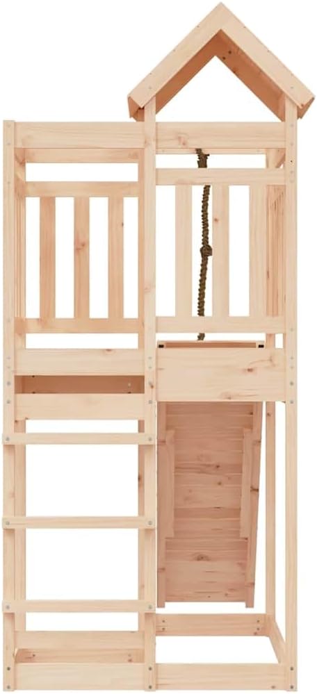 Solid Pine Wood Playhouse with Climbing Wall and Safety Railings, 4-Piece Outdoor Wooden Play Set for Kids Aged 4-8, Durable Backyard Playhouse for Imaginative Play