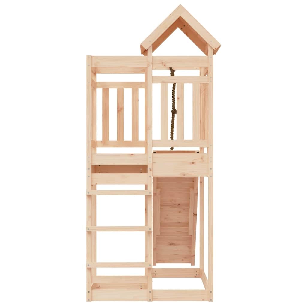 Torre da gioco in legno di pino massiccio con parete da arrampicata e sabbiera per giardino e terrazza, giocattolo da giardino per bambini con scivolo, altalena, arrampicata e dondolo