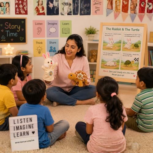 Image of Chi-Chimpu Toyss Rabbit & Turtle Hand Puppet Plush Toy Combo | Storytelling Educational Hand Puppets for Kids | Interactive Learning, Role Play, Parent-Child Bonding | Nursery, Preschool | 2-in-1 Set