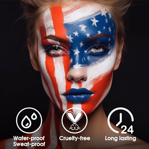 Image of BADCOLOR 3PCS Blue White Red Face Body Paint Stick, Cream Blendable Eye Black for Softball Football Baseball Lacrosse American Flags, Professional Face Painting for Halloween SFX Independence Day