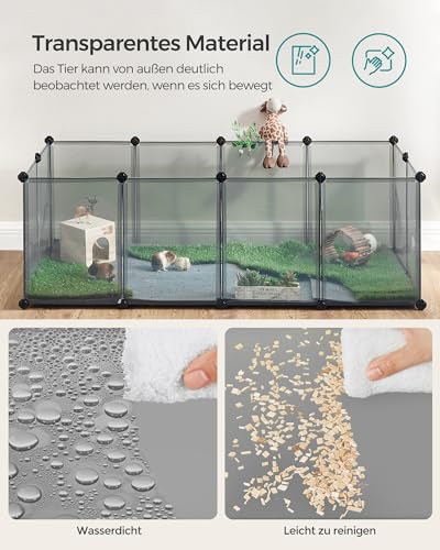 SONGMICS Freigehege mit Bodenplatten, Laufstall, Meerschweinchen Gehege, aus Kunststoff, Gehege für Hamster, Kaninchen, Igel, 143 x 73 x 46 cm, grau LPC002G01