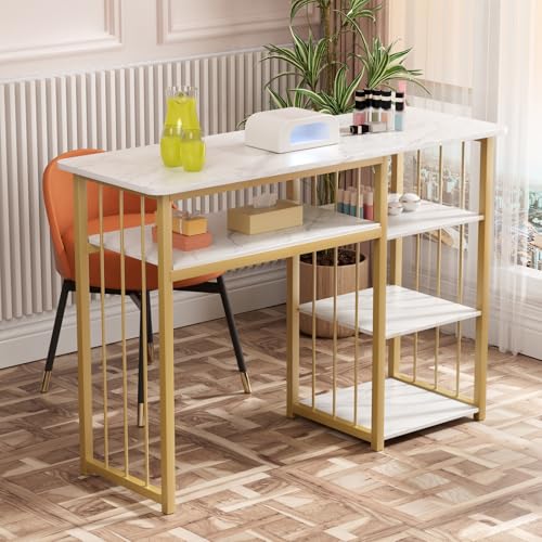 Tifemap Table Manucure, Table Onglerie Professionnel à Texture Marbrée avec Plusieurs Étagères Ouvertes, Tables de Manucure de Technicien en Ongles pour Salon de...