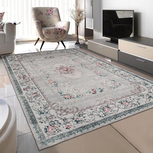 TALETA Teppich Wohnzimmer, Orientteppich Vintage, Blumenteppich, Teppich für Schlafzimmer, Büro, Esszimmer, Küchen, grau 120 x 170 cm
