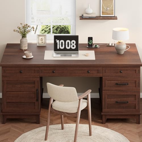 GarveeHome Executive Desk with File Drawers, Farmhouse Home Office Desk with Charging Station, 60" Wooden Computer Desk with Cabinet Storage for Work Study Writing, Walunt Brown