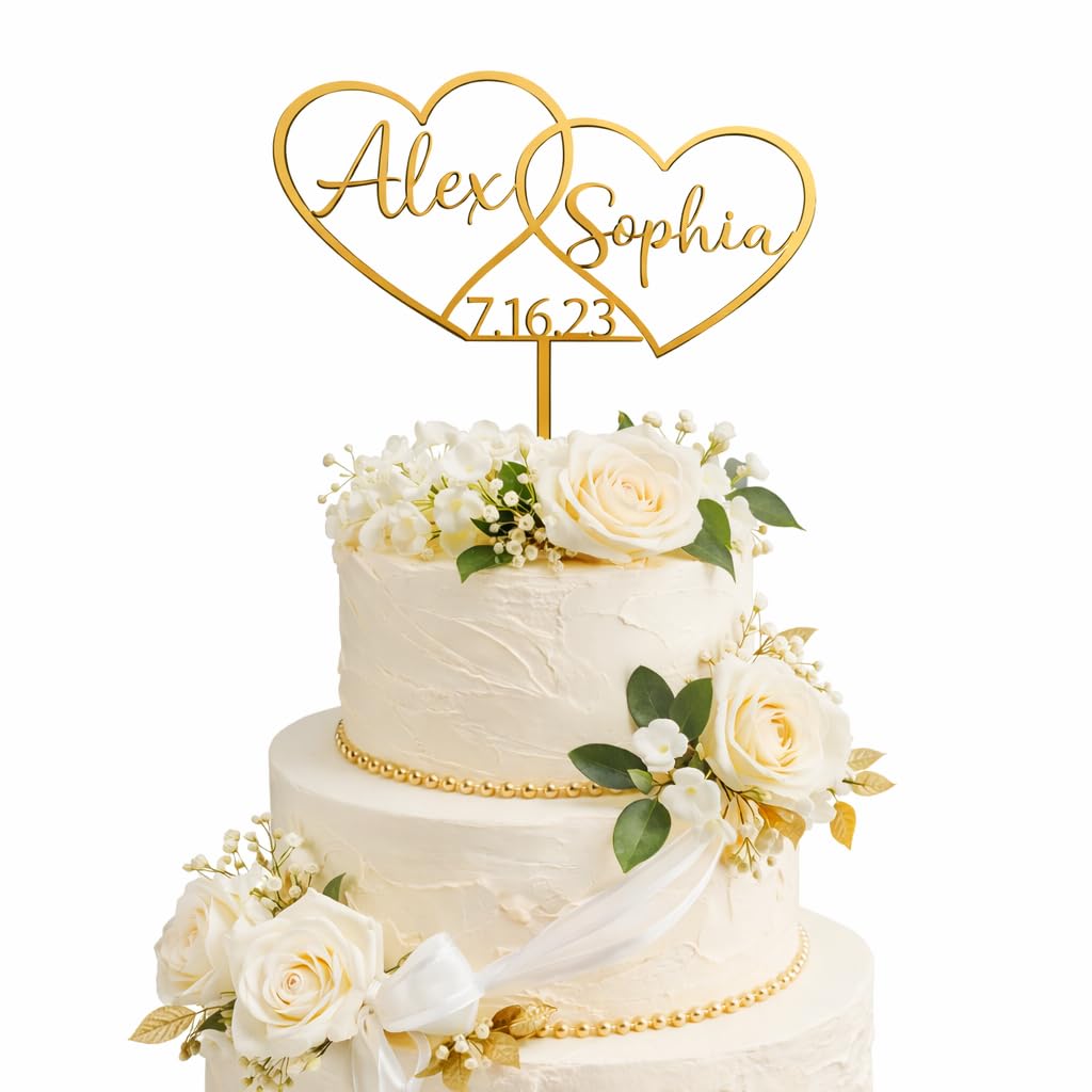 ZMR SHOP CRAFT Personalised Double Heart Wedding Cake Topper, 3mm Thickness MultiColored Acrylic Topper With Custom Names and Date, Part Decoration (Gold)
