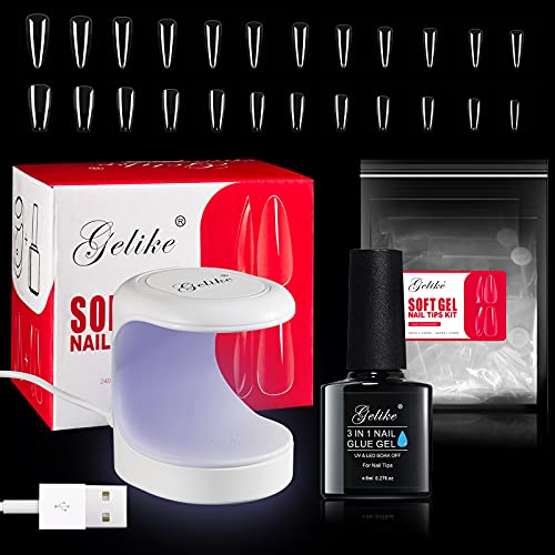Gelike Kit Faux Ongle 120Pcs avec colle lamp LED Moyenne Ballerienne Cercueil Amande Cover