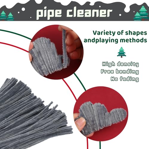 Iuuidu Pipe Cleaners Chenille Stem, 300PCS Pipe Cleaners Craft Supplies, Fuzzy Sticks Pipe Cleaner Brush for DIY Art Creative Craft Decorations (Grey)