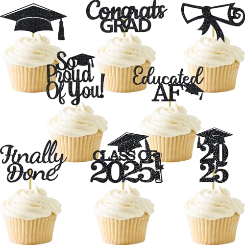 48PCS Graduation Cupcake Topper Glitter Grad Class Food Picks Congratulations Party Decoration Ideas Black