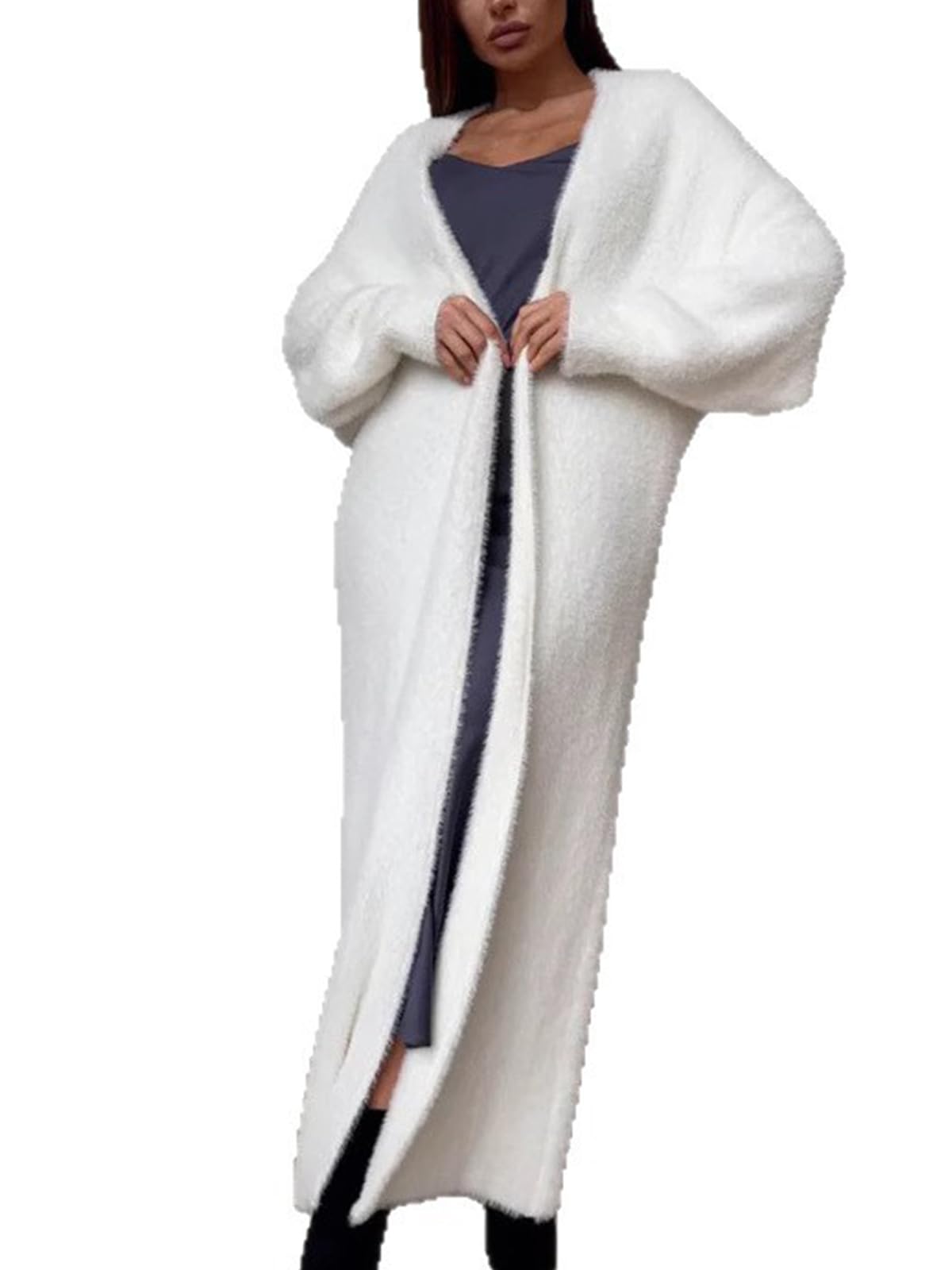 Famnbro Women Long Fuzzy Cardigans Long Sleeve Open Front Duster Lightweight Furry Oversized Fall Cardigan Sweaters