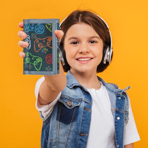 Image of Kids Wallet for Boys Girls, Trifold RFID Wallet with Key Chain and Zipper Pocket for Kids 4-18 Novelty Birthday Gifts, Coin Pouch Purse for Children Teens Outdoor Sports-Game Black