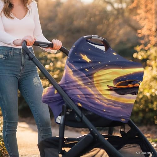 Image of Wanyint Baby Car Seat Cover Nursing Scarf Car Seat Canopy Shopping Cart High Chair Cover Protect Babies and Breastfeeding Mothers Halloween Decoration, Black Cat Witch Moon Star