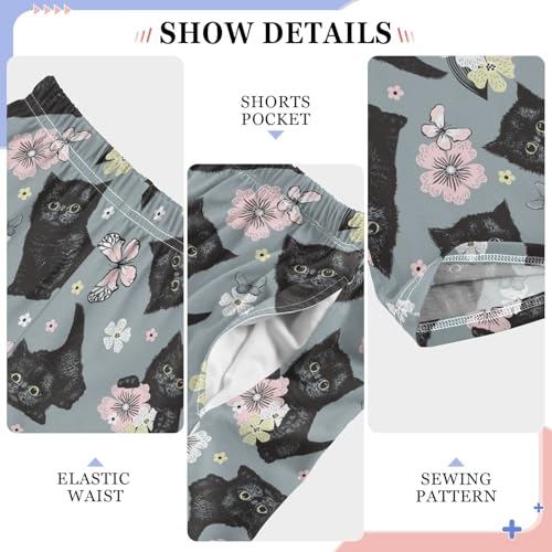 Black Cat Butterfly Floral Boys Long Pants Soft Trousers Elastic Waist Kids Lounge Bottoms with Pockets S-XL4
