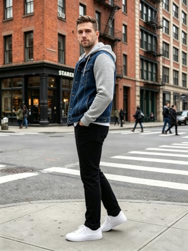 Image of Lavnis Men's Denim Hoodie Jacket Casual Slim Fit Button Down Jeans Coat