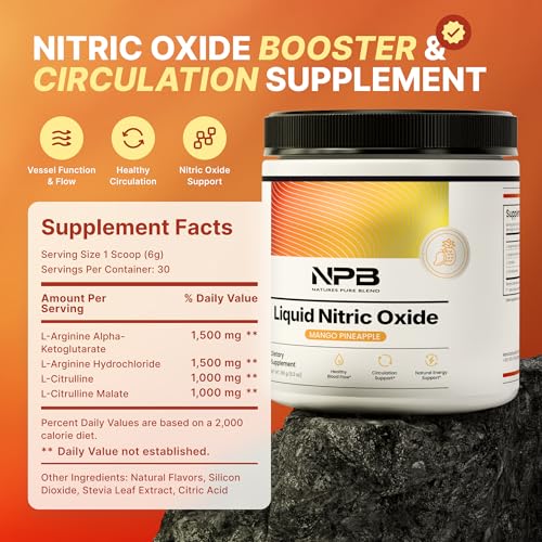 Image of Nature's Pure Blend Liquid Nitric Oxide Supplements - L-Arginine Powder - Nitric Oxide Booster & Circulation Supplement - Blood Flow Support, L Arginine and L Citrulline - 5000MG (Mango Pineapple)