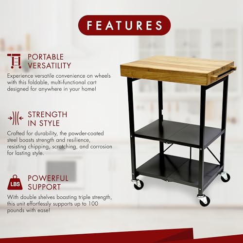Origami Folding Kitchen Cart on Wheels, 3-Tier Foldable Rolling Cart - Chefs Outdoor Cart for Wine and Food, Microwave Cart, Plating Shelf