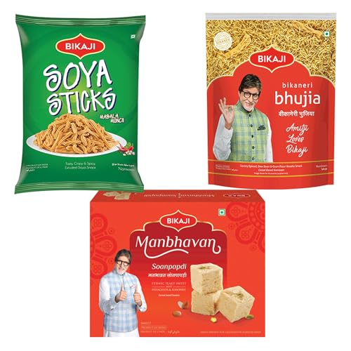 Bikaji Soan papdi manbhavan 500g & soya sticks 200g & bhujia 200g | Indian Sweet & Savory Snack Combo | 900g (31.74oz) Gift Pack