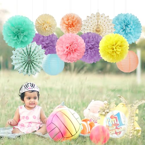 Image of Pastel Rainbow Party-Decorations - 20pcs Pink Yellow Blue Classroom Ceiling Paper Lanterns Fans ,Girl Birthday Tissue Pom Poms,Honeycomb Balls,Bunting,Baby Shower Bridal Wedding Decor Burgleda