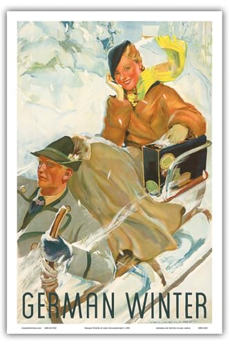 German Winter - Couple Sledding- Germany - Vintage Travel Poster