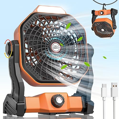 10400mAh Portable Camping Fan with LED Lantern USB Battery Operated Tent Fan Rechargeable Outdoor Quiet Travel Fan Camping Accessories Gear for Hiking, Fishing, Picnic, BBQ, Hurricane Orange