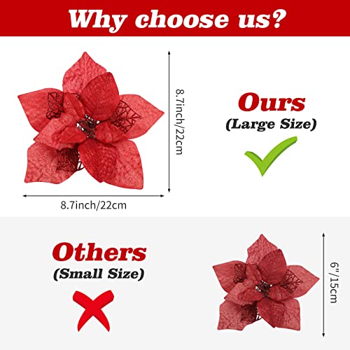 15 Pcs 8.7 inch Artificial Poinsettia Flowers Christmas Glitter Poinsettia with Clips Christmas Poinsettia Decorations Ornament Christmas Flowers (Christmas Red)