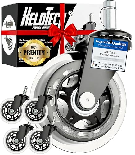 5er Set Premium Rollen für Bürostuhle Speziell für Parkett, Laminat, Fliesen, Vinyl, Holzdielen – Nie wieder Bodenschutzmatte – Transparent - 11mm x 22mm - Geräuschlos gleiten (Nicht für 1KEA)