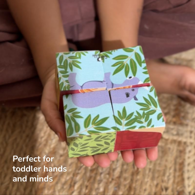 Image of Wooden Jungle Puzzle for Toddlers 2 Yrs+ | 6 in 1 Animal Block Puzzle with 4 Wooden Blocks | Montessori Educational Toy | Handmade in India | 100% Mango Wood | Non Toxic | Screen Free Toy