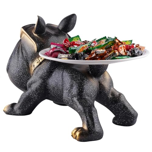 Image of Cool Bulldog Key Bowl & Accessory Tray - Matte Black & Gold Resin Dog Sculpture Multifunctional Organizer Showpiece for Keys Watches & Candy (Black with Sprinkles, Dog with Tail Plate)