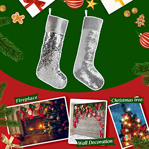 Athoinsu 2 Pack Sparkle Sequin Christmas Stockings Glitter Xmas Holiday Party Supplies Gifts For Kids Family Extra Long, 20'' (Silver) #TOP3