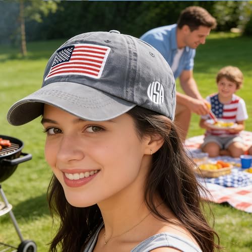Image of IZUS Women USA-Flag Baseball-Cap American Patriotic Baseball Hats Men's Distressed-Cotton Dad-Hat for Adult Teens
