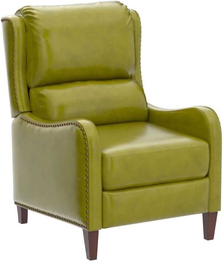 HULALA HOME Genuine Leather Recliner Chair, Modern Push Back Recliner Armchair with Thick Seat, Backrest & Footrest, Nailhead Decor for Living Room, Bedroom, Olive