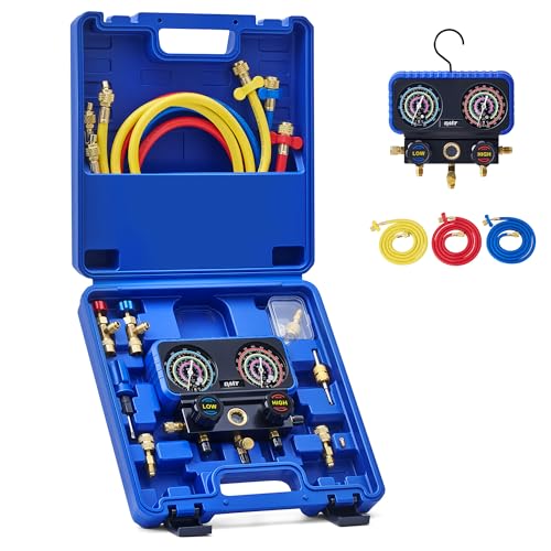 Orion Motor Tech AC Gauge Set, 3-Way AC Manifold Gauge Set for R410A R32 R22 R454B Refrigerant with 5ft Hoses, A/C Gauge with R410 R12/R22 Safety Valves R410A R32/R454B Adapters Valve Core Wrench