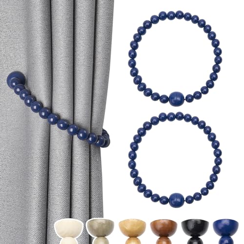 Pretty Jolly 2 Pack Wood Bead Curtain Tiebacks Boho Farmhouse Decor Drape Tie Backs Strong Magnetic Natural Wooden Beaded Curtain Holdbacks for Home & Office Outdoor Window Draperies (Dark Blue)
