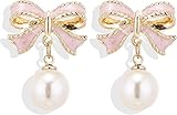 ecozran Dainty Pearl Bow Earrings Pearl Bow Stud Earrings Christmas Party Holiday Jewelry Gifts for Women (Pink -K)