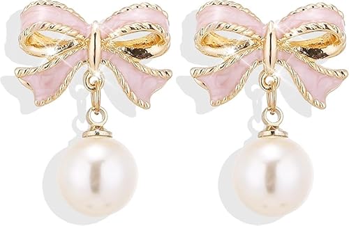 ecozran Dainty Pearl Bow Earrings Pearl Bow Stud Earrings Christmas Party Holiday Jewelry Gifts for Women (Pink -K)